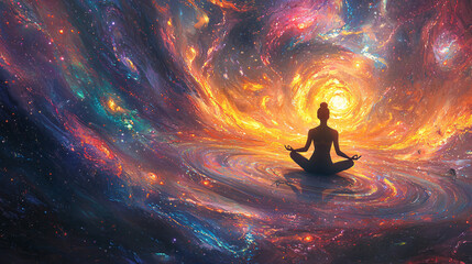 Surreal image of a person practicing yoga in a floating, luminous space with swirling cosmic patterns and radiant, abstract elements. 