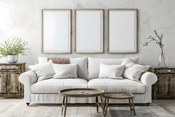 Square coffee table near white sofa and rustic cabinets against white wall with blank poster frames with copy space 3d render. Generative Ai.