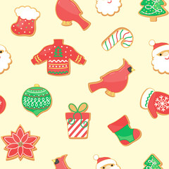 Bright cartoon Christmas sugar cookies seamless pattern. Holiday repeat design with gingerbread cookie - cute sock, cardinal bird, poinsettia flower, Christmas ornament, gift box.