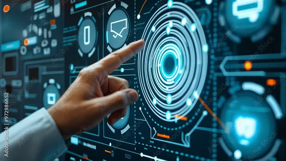 Poster a businessman's hand interacts with a futuristic touchscreen interface displaying various digital ic