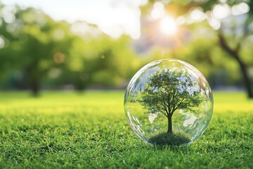A clear bubble with a small tree inside rests on green grass, symbolizing nature and environmental protection in a serene setting.