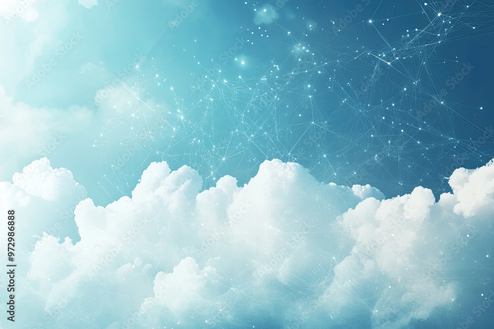 Poster a serene sky filled with fluffy clouds illuminated by soft sunlight, creating a peaceful and dreamy 