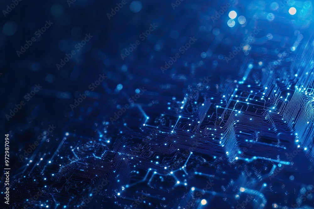 Poster abstract blue technology background featuring glowing circuitry lines and digital patterns for innov