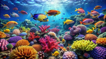 Vibrant underwater coral reef teeming with colorful fish, underwater, paradise, coral reef, colorful fish