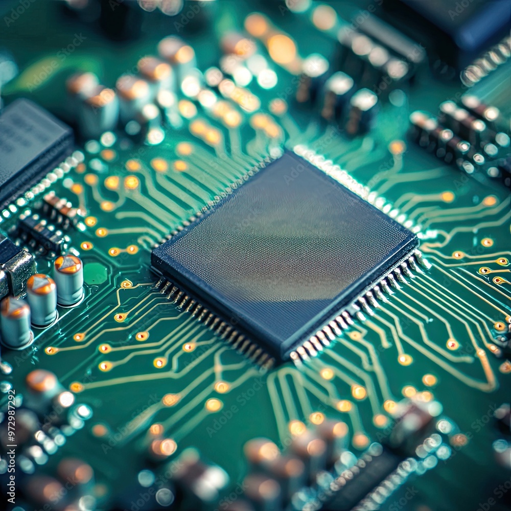 Poster close-up view of a microchip on a green circuit board, showcasing intricate details and electronic c