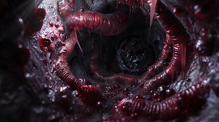 Close-up of a dark and slimy cave-like structure with red, fleshy tendrils.