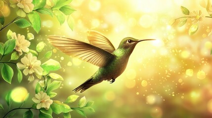 Fototapeta premium Beautiful vector illustration of a hummingbird in flight, surrounded by lush greenery and colorful flowers, with a bright golden background