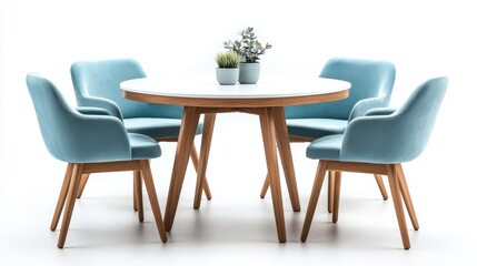 Modern Dining Room Set with Mint Green Chairs and White Circular Top, Natural Wood Legs, in High-Resolution Photography