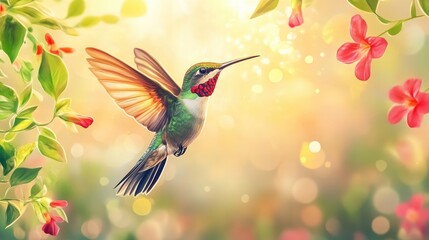 Beautiful vector illustration of a hummingbird in flight, surrounded by lush greenery and colorful flowers, with a bright golden background