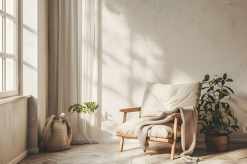 Stylish home living room interior with lounge zone near window, mock up. Generative Ai.