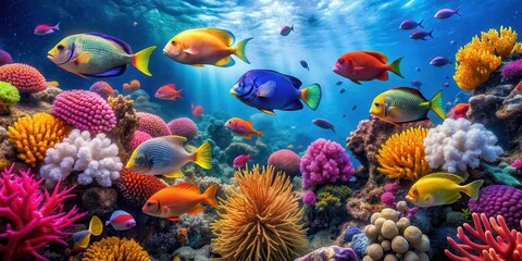 Vibrant image of colorful fish swimming amongst intricate coral reefs, underwater, marine life, sea creatures, ocean, tropical