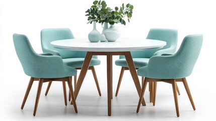 Modern Dining Room Set with Mint Green Chairs and White Circular Top, Natural Wood Legs, in High-Resolution Photography