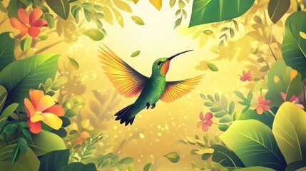 Beautiful vector illustration of a hummingbird in flight, surrounded by lush greenery and colorful flowers, with a bright golden background