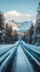 Obraz premium Straight Road Leading to Snowy Mountains Under Clear Blue Skies