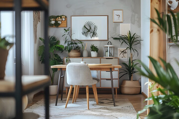 Stylish home living room interior with lounge zone near window, mock up. Generative Ai.