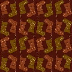 Festive holiday stockings in a repeating pattern on a rich burgundy background