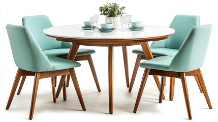 Modern Dining Room Set with Mint Green Chairs and White Circular Top, Natural Wood Legs, in High-Resolution Photography