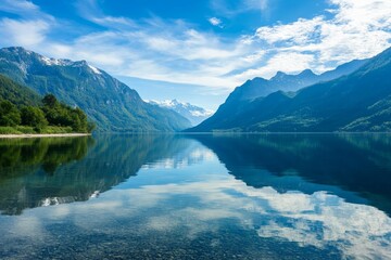 A serene mountain lake with crystal-clear water reflecting the surrounding mountains and sky. Perfect for promoting a sense of peace and tranquility