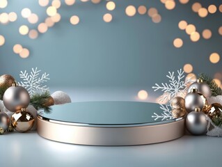 Stylish display podium adorned with festive decorations, perfect for showcasing products during the holiday season.
