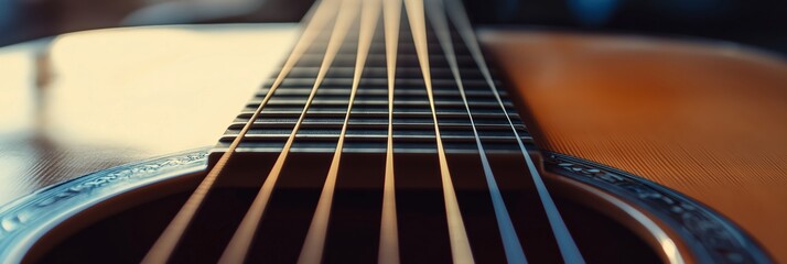 Obraz premium Detailed close-up of acoustic guitar strings and sound hole, capturing the essence of musical craftsmanship and detail.