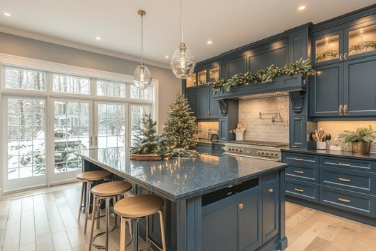 Luxury modern kitchen interior, with kitchen island beautifully decorated for Christmas holidays