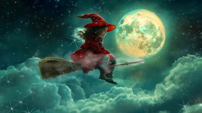Little girl in wizard costume ride on broomstick on full moon background. Seamless looping time-lapse video background