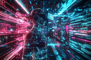 Human engaged in VR in vibrant digital corridor