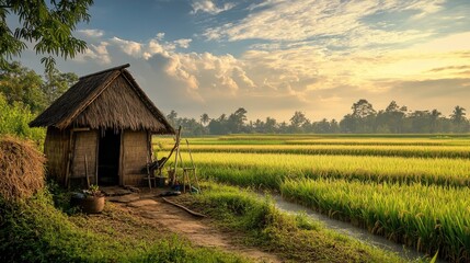 A wide shot of a rice field with a traditional thatched hut and a farmer's tools laid out, representing the integration of farming life with the natural landscape.