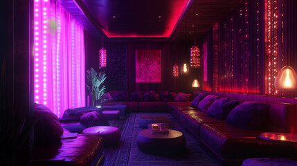 A stylish room with purple and red lights. There's a comfortable leather sofa with pillows and table lamps. This is a computer-generated image.