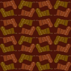 Colorful holiday stockings arranged in a repeating pattern on a festive background