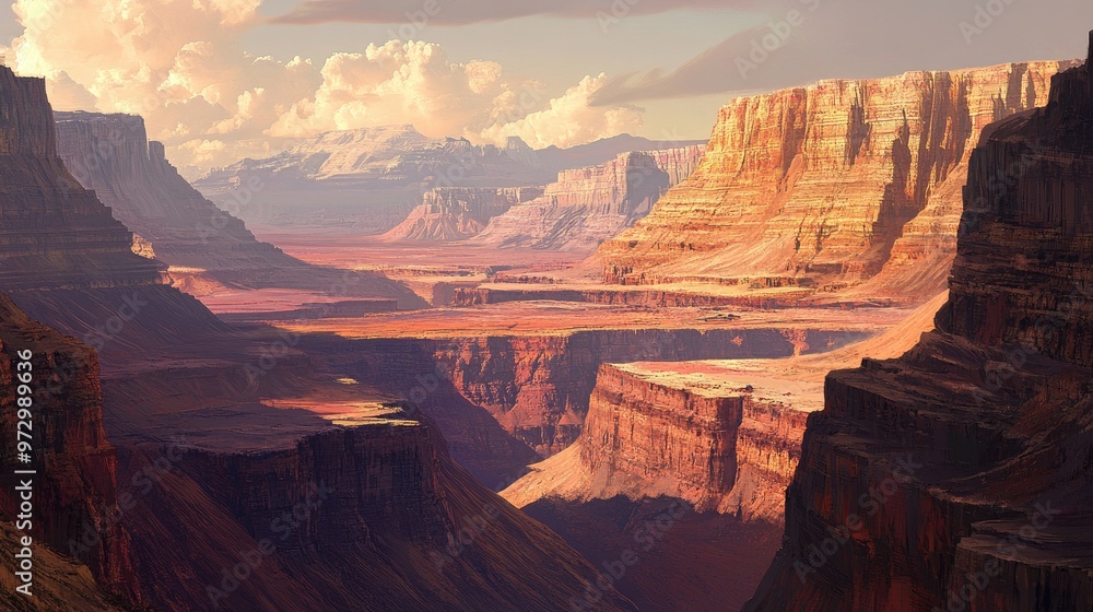Poster a wide view of a canyon, displaying the exposed layers of sedimentary rock that make up the earth cr