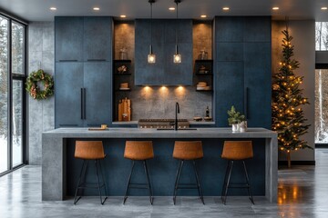 Luxury modern kitchen interior, with kitchen island beautifully decorated for Christmas holidays