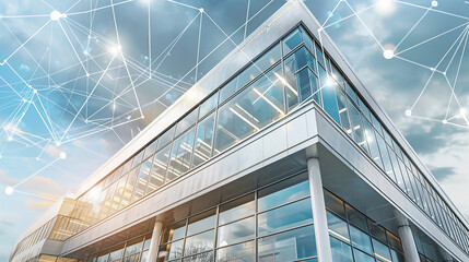 Fototapeta premium Clean and minimalist wire-frame design of a contemporary office building on a blue backdrop, exemplifying precision and sophistication in architectural drafting.