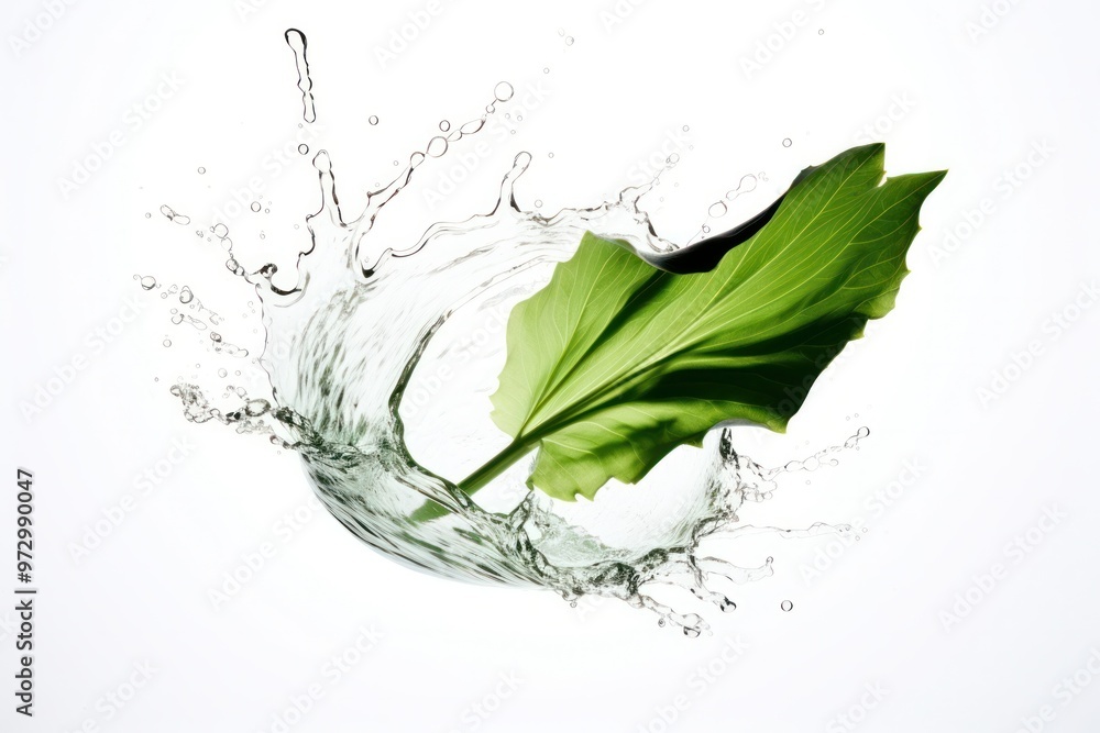Poster a water droplet falling from a leaf, creating a splash that resembles a miniature explosion.