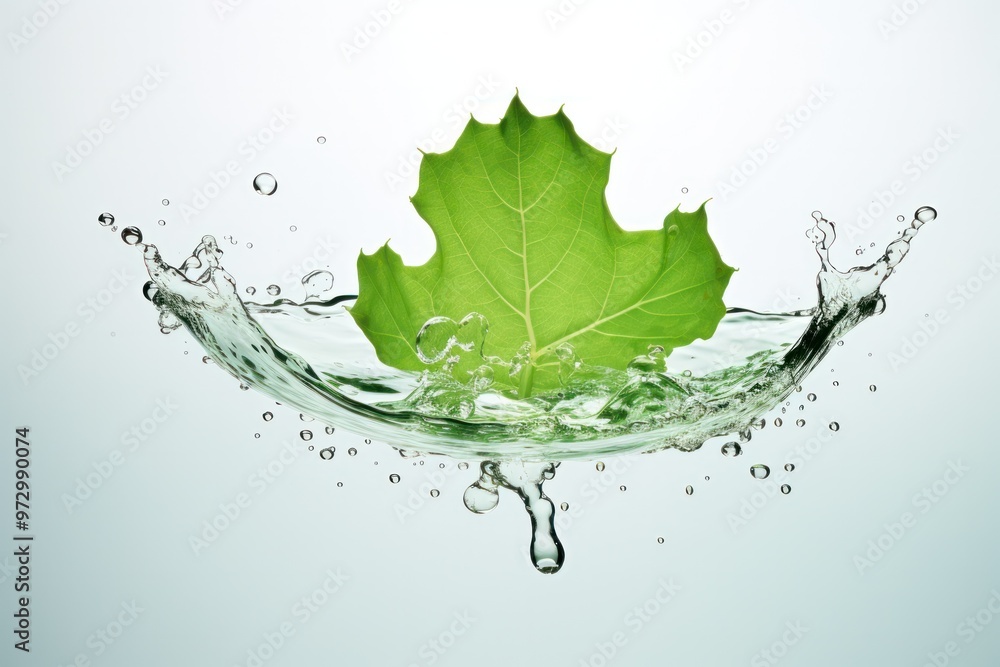 Poster a water droplet falling from a leaf, creating a splash that resembles a miniature explosion.