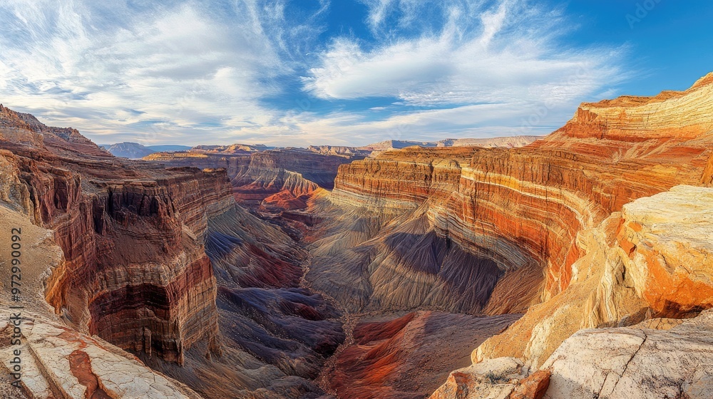 Poster a wide view of a canyon, displaying the exposed layers of sedimentary rock that make up the earth cr