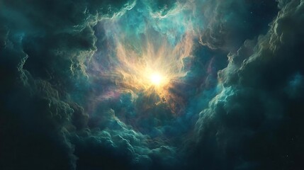 Abstract Cosmic Nebula with Bright Light and Dark Clouds