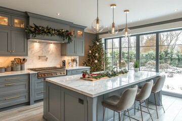 Luxury modern kitchen interior, with kitchen island beautifully decorated for Christmas holidays