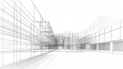 Abstract black and white architectural sketch of a grand boulevard with trees and pedestrian walkways, high resolution