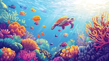 Colorful Tropical Sea Turtle and Fish in Coral Reef