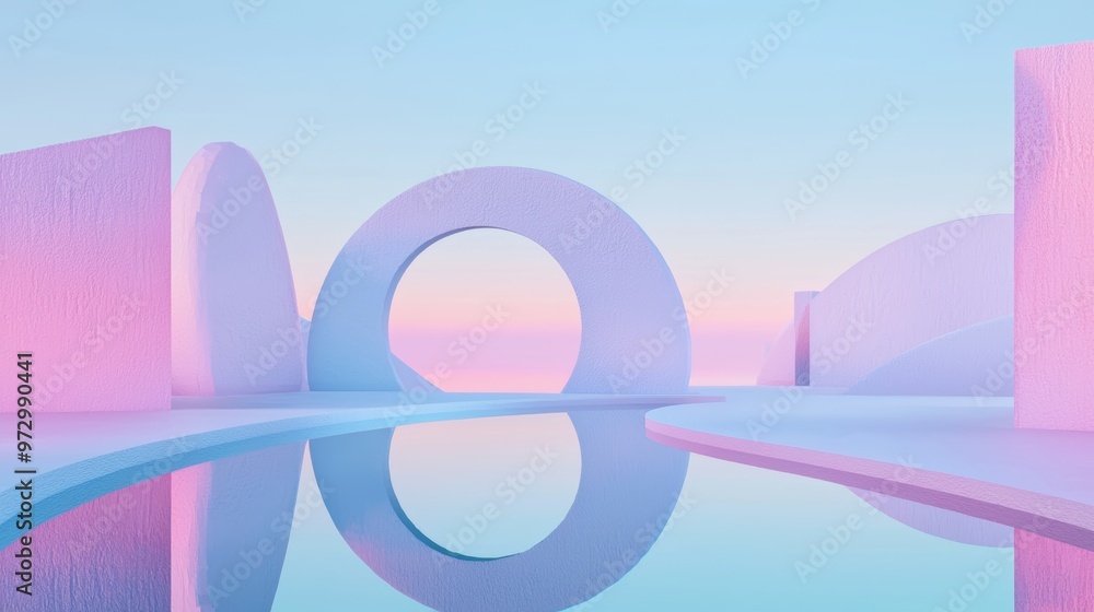 Poster surreal landscape 3d rendered with colorful grassland dune surrounding by mirror glass circles over 