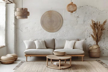 The stylish boho compostion at living room interior with design gray sofa, wooden coffee table, commode and elegant personal accessories. Generative Ai.