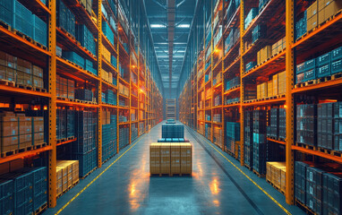 Fototapeta premium A spacious warehouse with shelves filled with organized boxes, illuminated by bright lights creating a vibrant atmosphere.