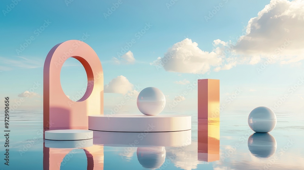 Leinwandbilder A 3D rendering of a pastel and colorful pastel landscape with a podium for displaying products and a floating ball background.