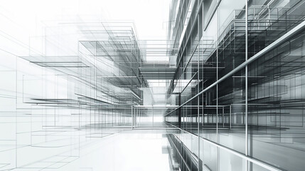 Abstract black and white architectural sketch of a grand boulevard with trees and pedestrian walkways, high resolution