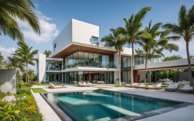 Fototapeta premium Modern luxurious villa surrounded by lush greenery and palm tree