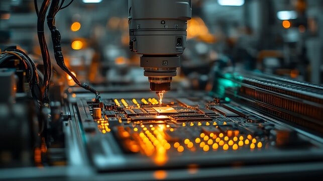 Close up of a robotic arm assembling small electronic components in a futuristic factory, precision and automation concept