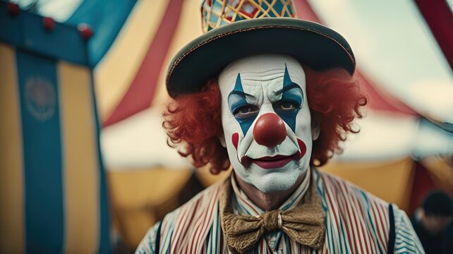 Funny sad clown with white make up face. Carnival mime artist performance. Lonely dramatic comedian grimace portrait. Scary tragicomic fun joker. Mysterious frightening comic character. Circus tent.
