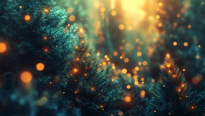 Colorful bokeh lights illuminate a forest of evergreen trees during a Christmas evening celebration