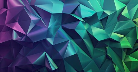 Obraz premium A vibrant, abstract geometric design featuring sharp angles and gradients in purple, teal, and green hues.